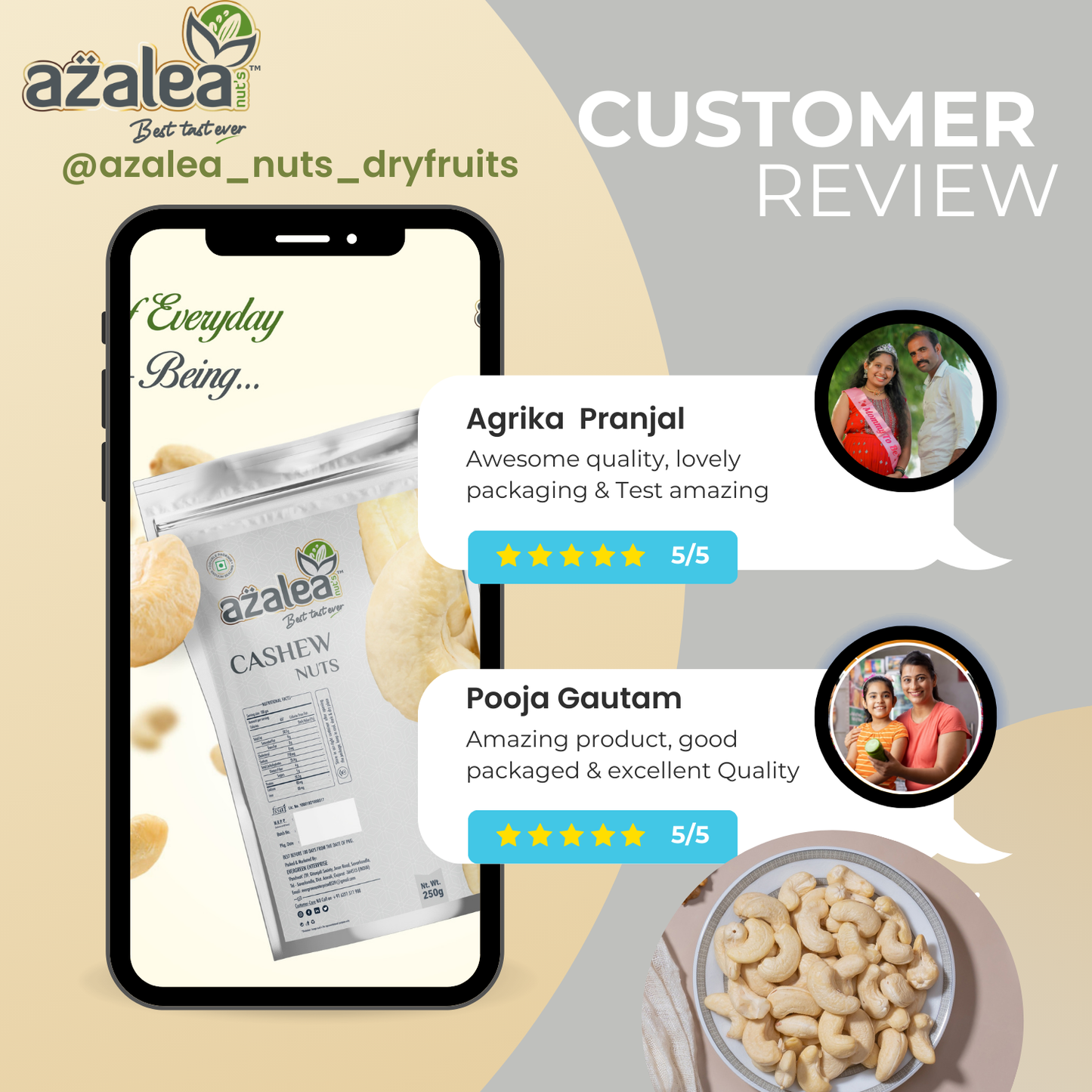 Azalea Nuts Premium Goa Cashews 250gm – WW320 | Whole Crunchy Kaju | No Preservatives