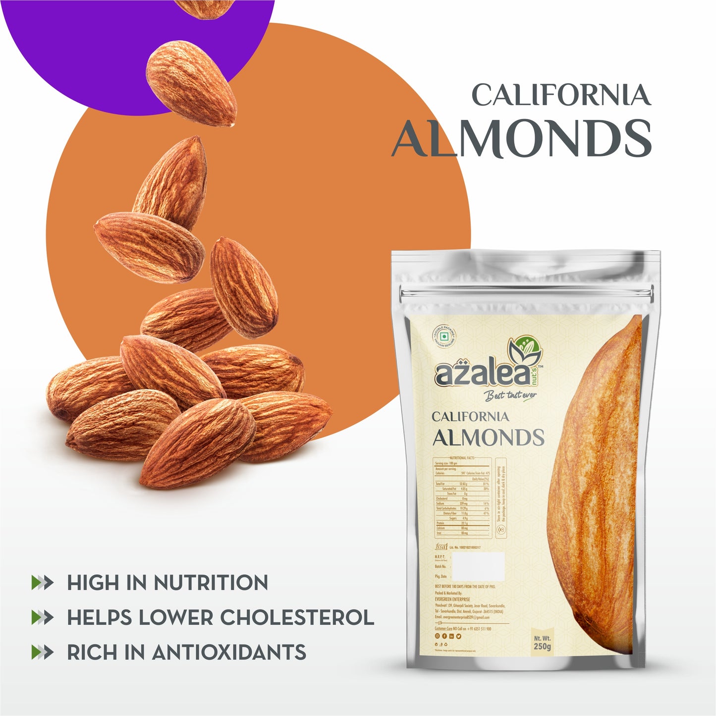 Azalea Nuts Premium California Almonds - badam - 250gm